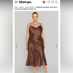 Showpo. FLORDELIZA MIDI DRESS - COWL NECK THIGH SLIT SLIP DRESS IN CHOCOLATE